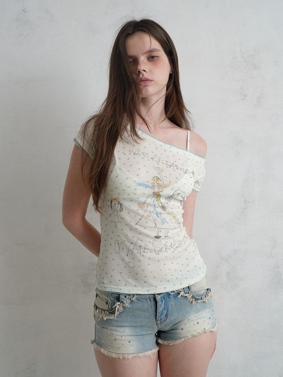 UNIVERSE Hand Drawn Doodle Graffiti Floral Mesh Women's Lyocell Off-shoulder T-shirts