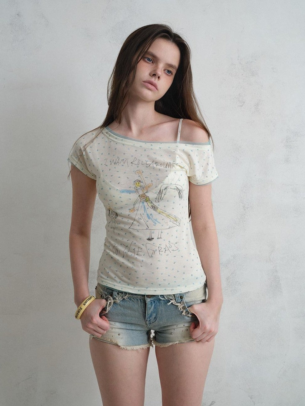 UNIVERSE Hand Drawn Doodle Graffiti Floral Mesh Women's Lyocell Off-shoulder T-shirts