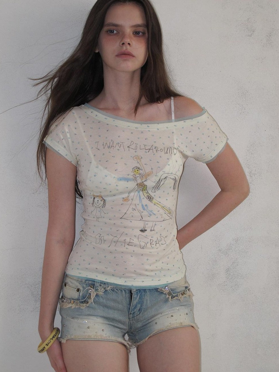 UNIVERSE Hand Drawn Doodle Graffiti Floral Mesh Women's Lyocell Off-shoulder T-shirts
