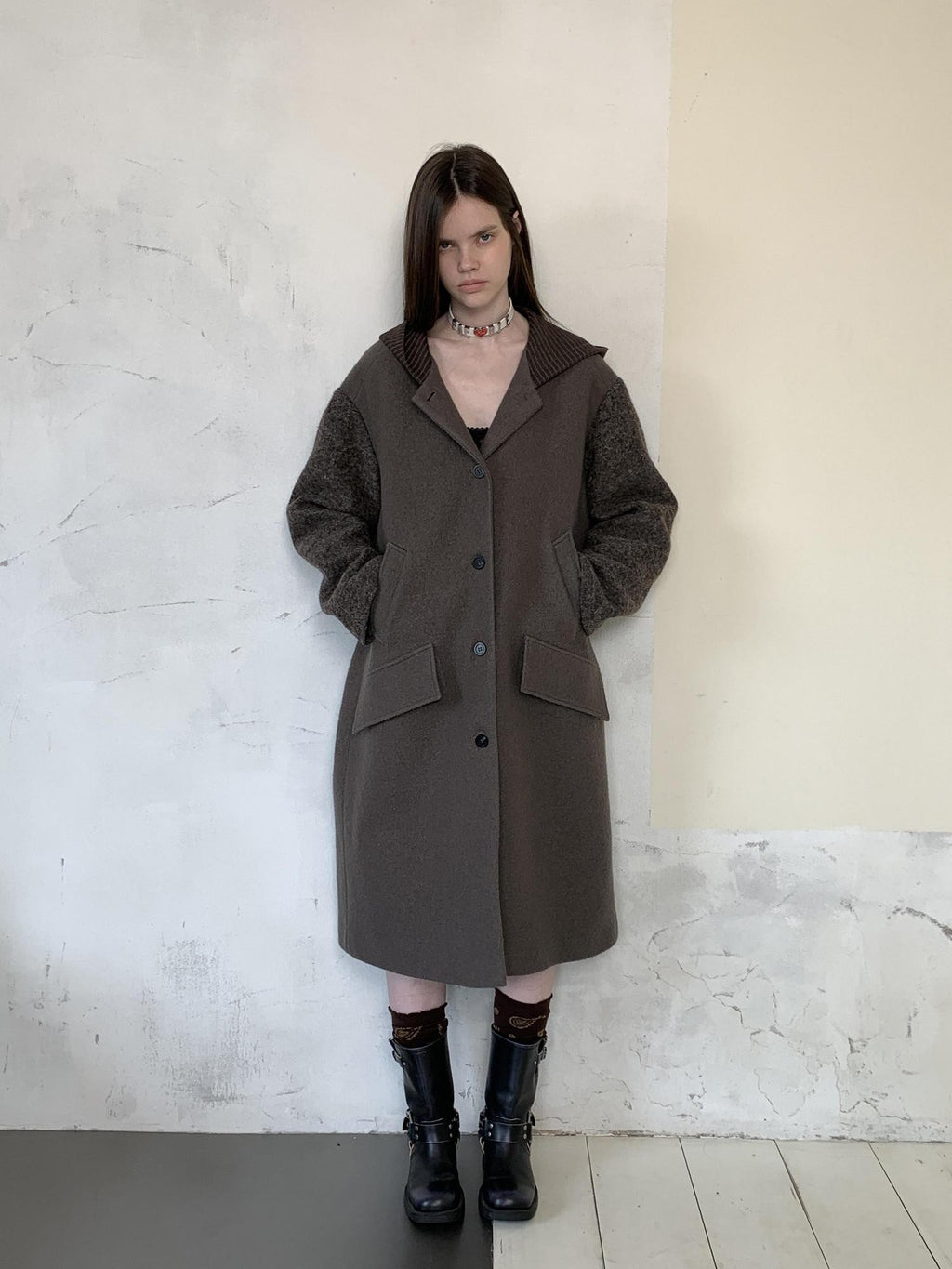 UNIVERSE Hooded Vintage London Inspired Patchwork Textured Wool Women's Long Coats