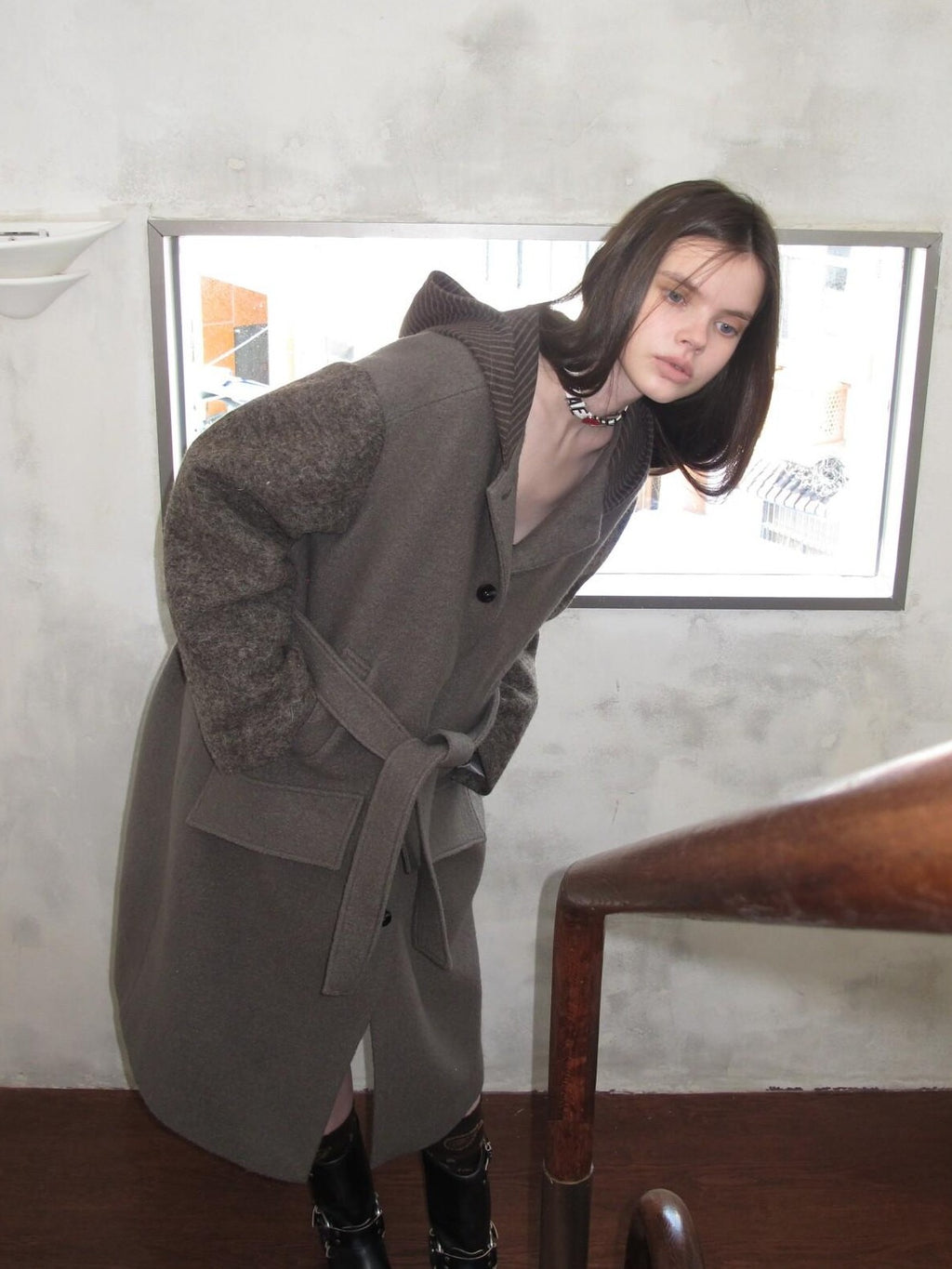 UNIVERSE Hooded Vintage London Inspired Patchwork Textured Wool Women's Long Coats