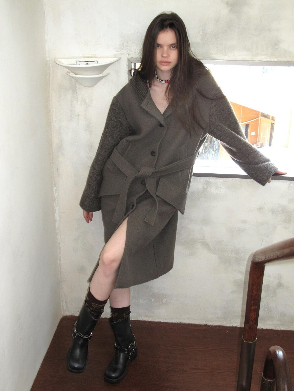 UNIVERSE Hooded Vintage London Inspired Patchwork Textured Wool Women's Long Coats