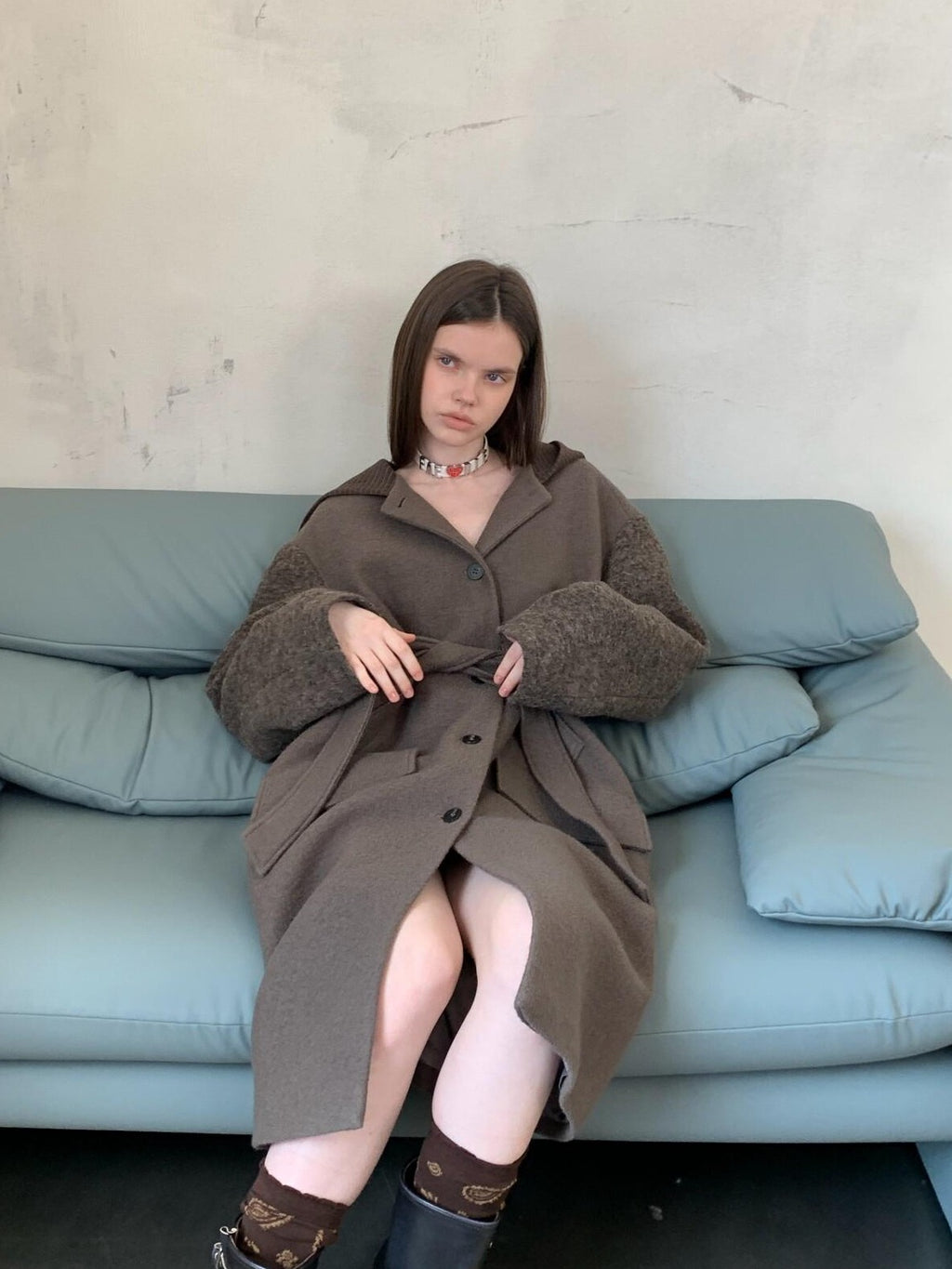 UNIVERSE Hooded Vintage London Inspired Patchwork Textured Wool Women's Long Coats