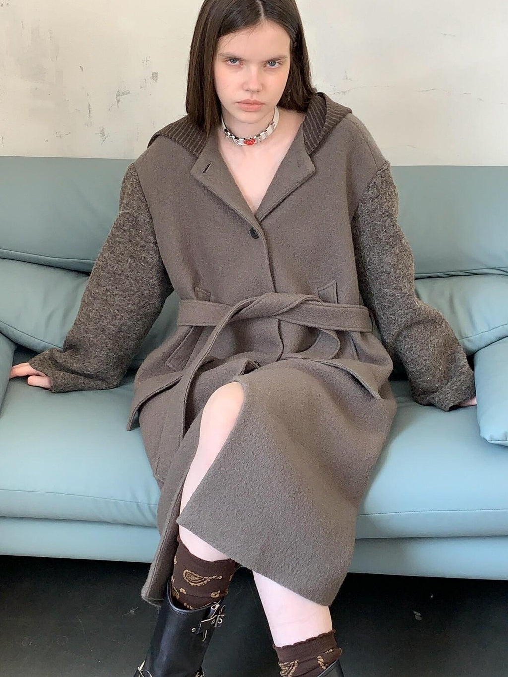 UNIVERSE Hooded Vintage London Inspired Patchwork Textured Wool Women's Long Coats