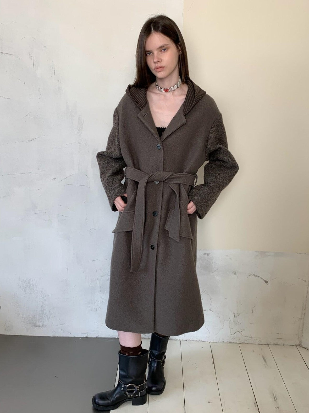 UNIVERSE Hooded Vintage London Inspired Patchwork Textured Wool Women's Long Coats