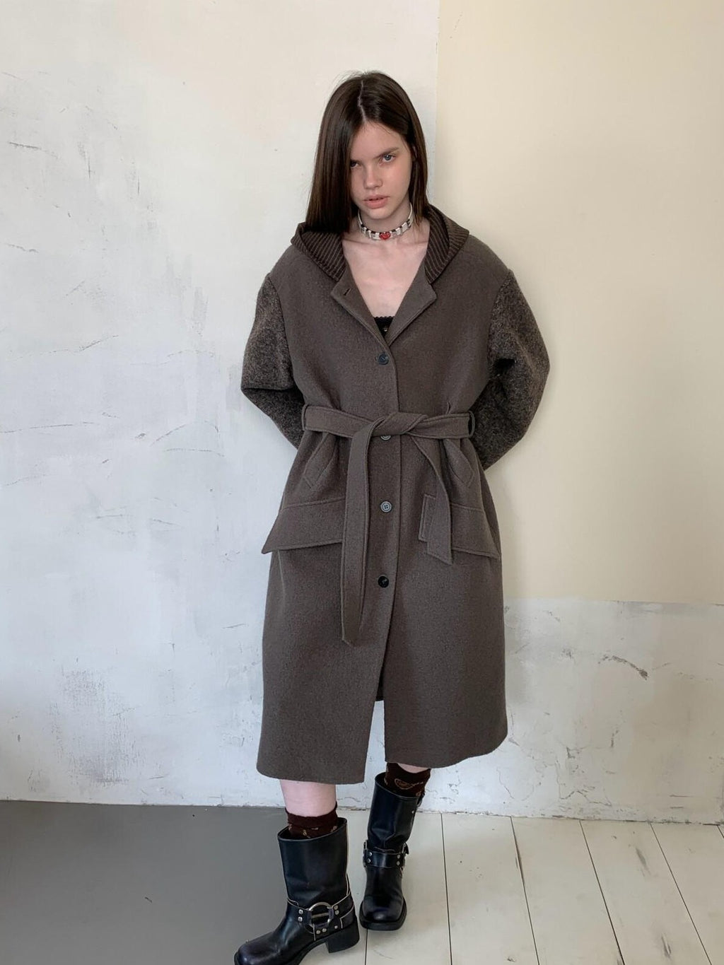 UNIVERSE Hooded Vintage London Inspired Patchwork Textured Wool Women's Long Coats