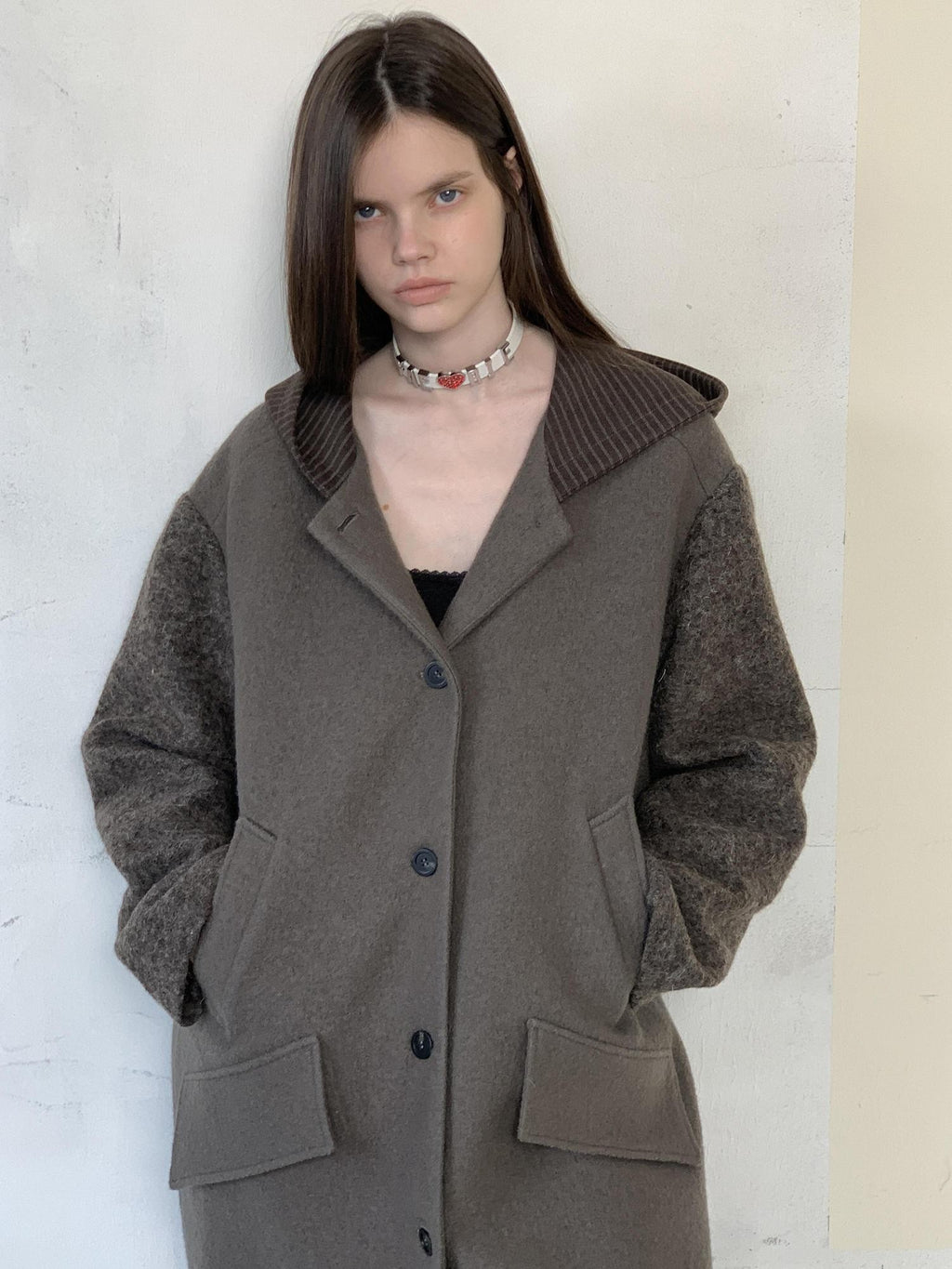 UNIVERSE Hooded Vintage London Inspired Patchwork Textured Wool Women's Long Coats