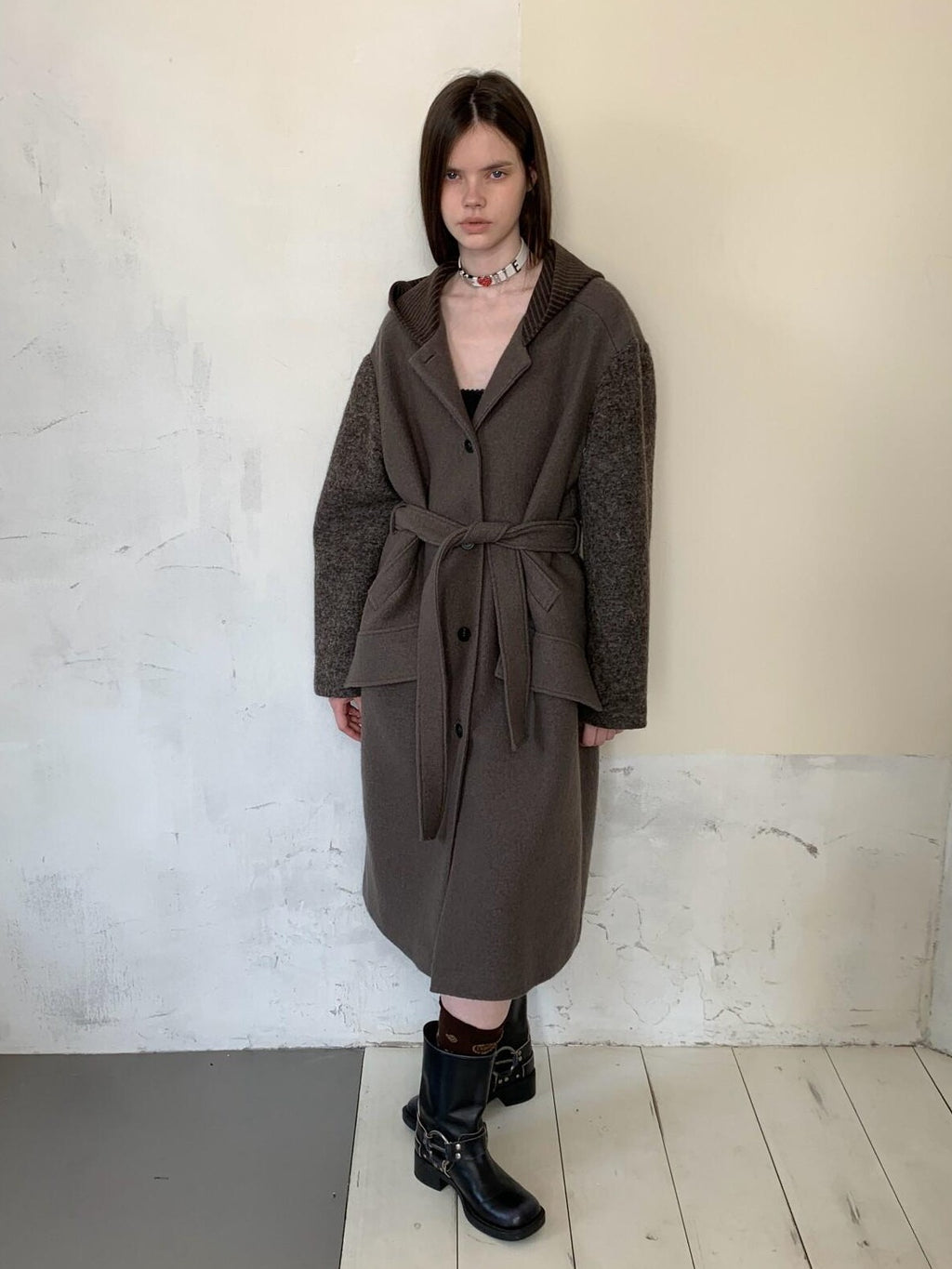 UNIVERSE Hooded Vintage London Inspired Patchwork Textured Wool Women's Long Coats