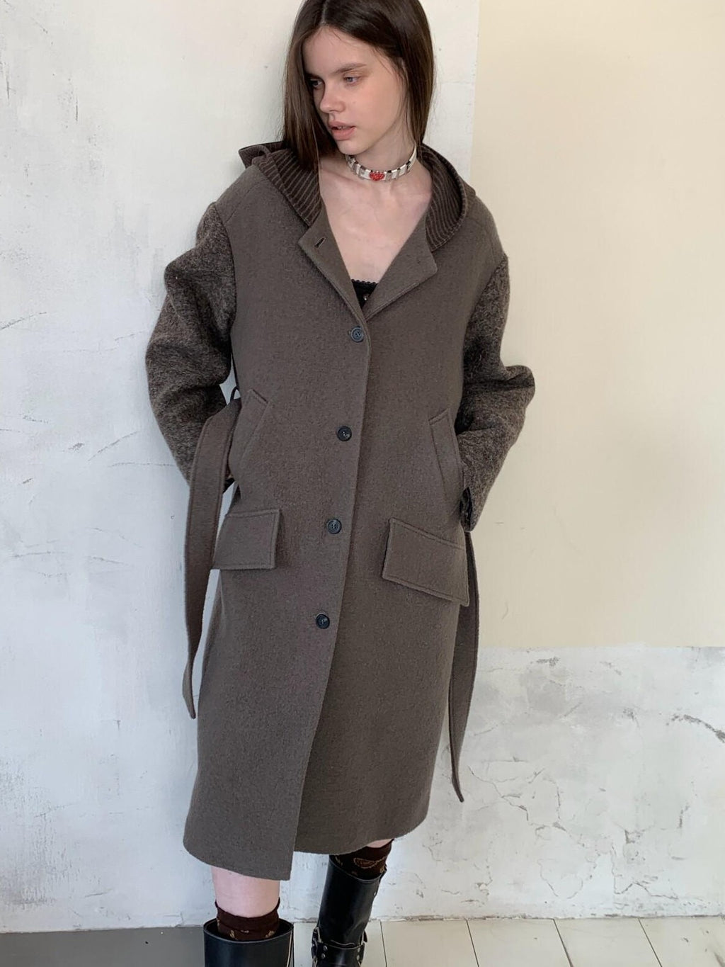 UNIVERSE Hooded Vintage London Inspired Patchwork Textured Wool Women's Long Coats