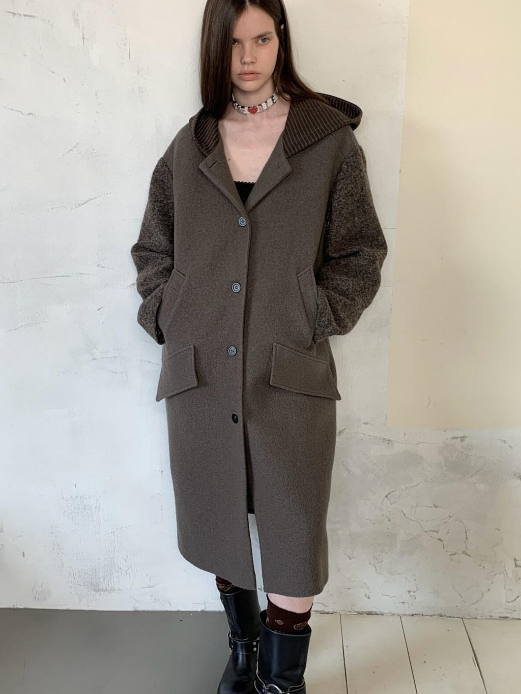 UNIVERSE Hooded Vintage London Inspired Patchwork Textured Wool Women's Long Coats