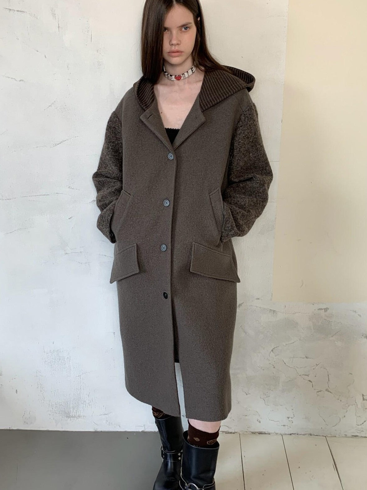 UNIVERSE Hooded Vintage London Inspired Patchwork Textured Wool Women's Long Coats
