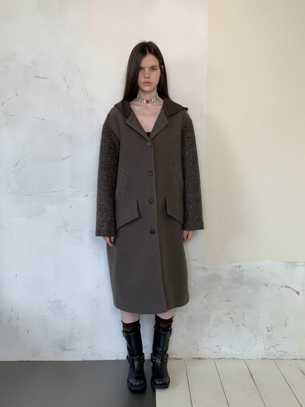 UNIVERSE Hooded Vintage London Inspired Patchwork Textured Wool Women's Long Coats