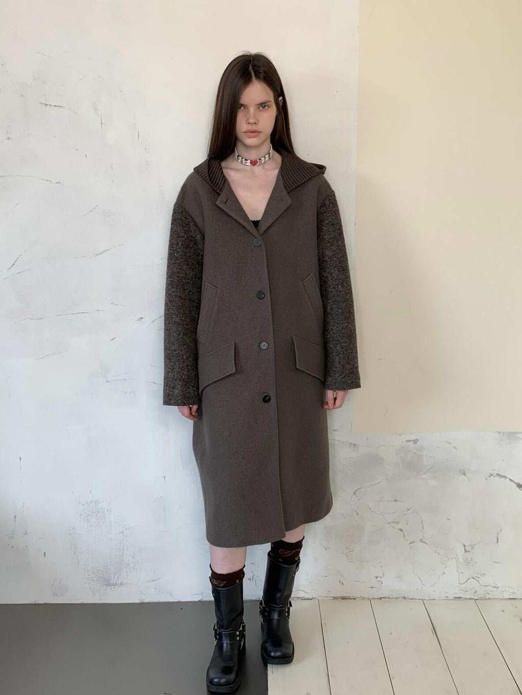 UNIVERSE Hooded Vintage London Inspired Patchwork Textured Wool Women's Long Coats