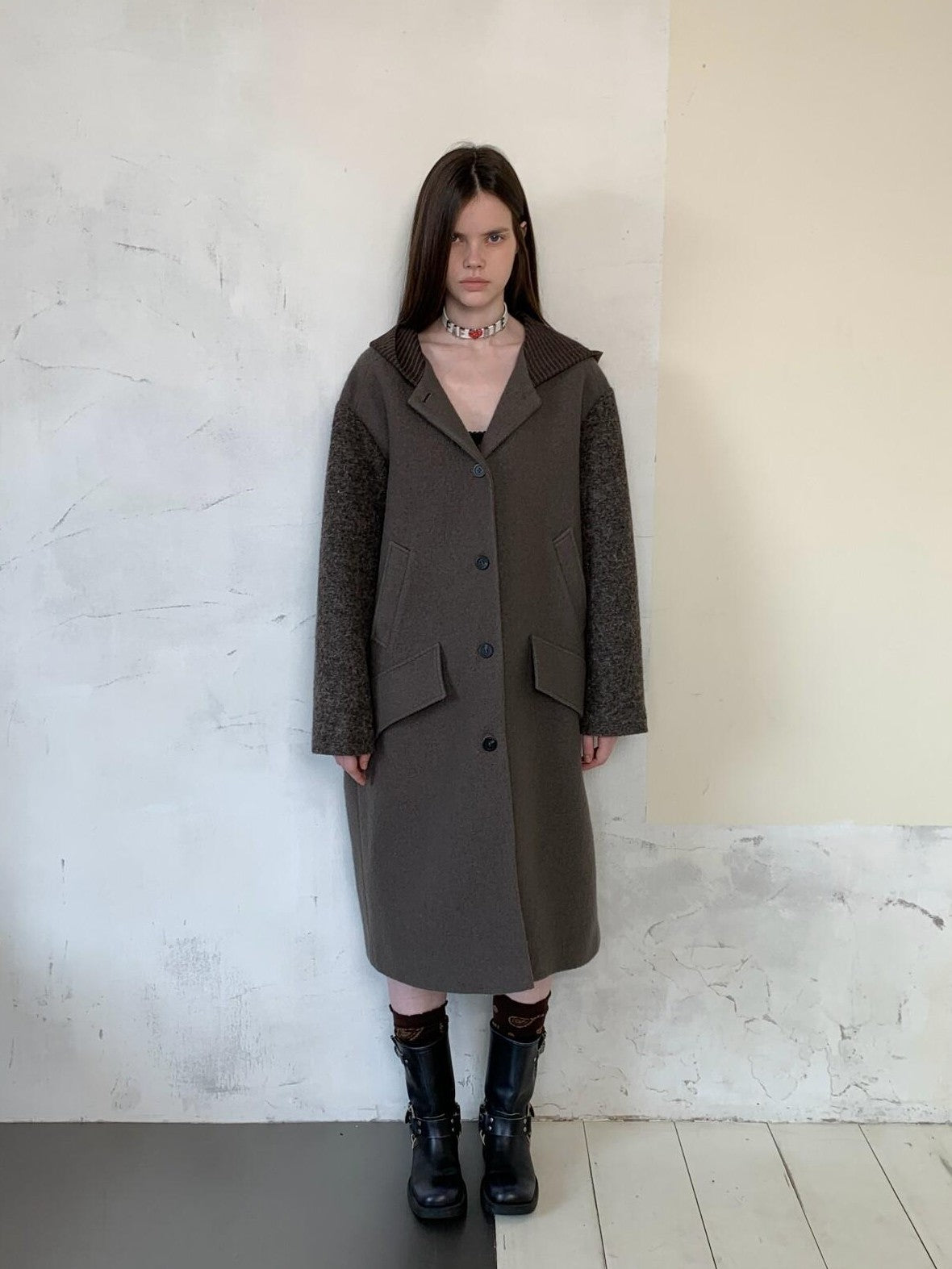 UNIVERSE Hooded Vintage London Inspired Patchwork Textured Wool Women's Long Coats