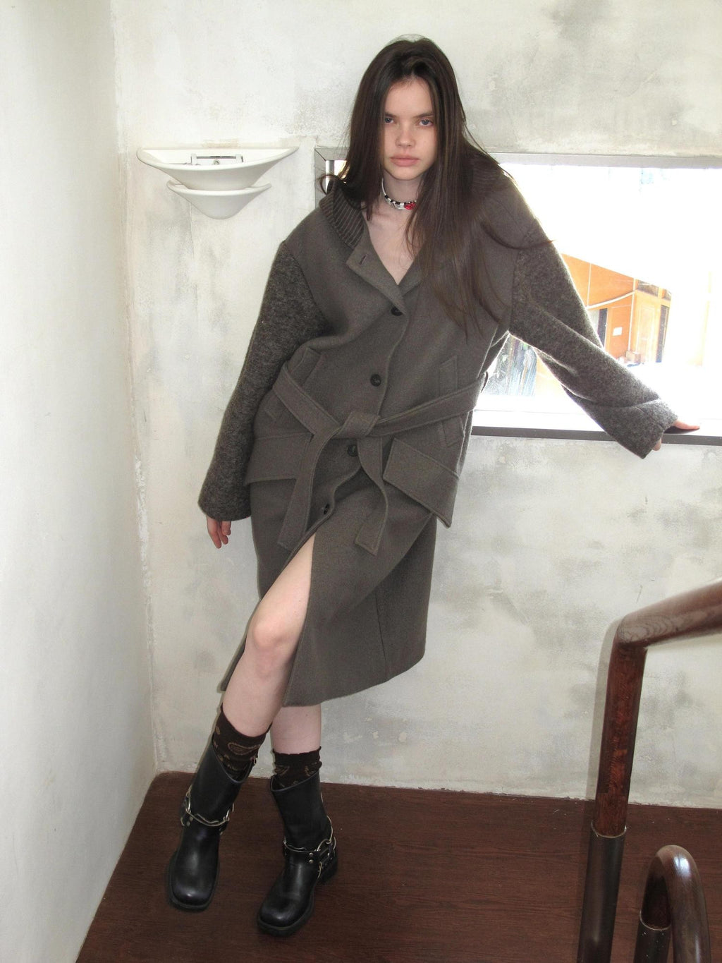 UNIVERSE Hooded Vintage London Inspired Patchwork Textured Wool Women's Long Coats