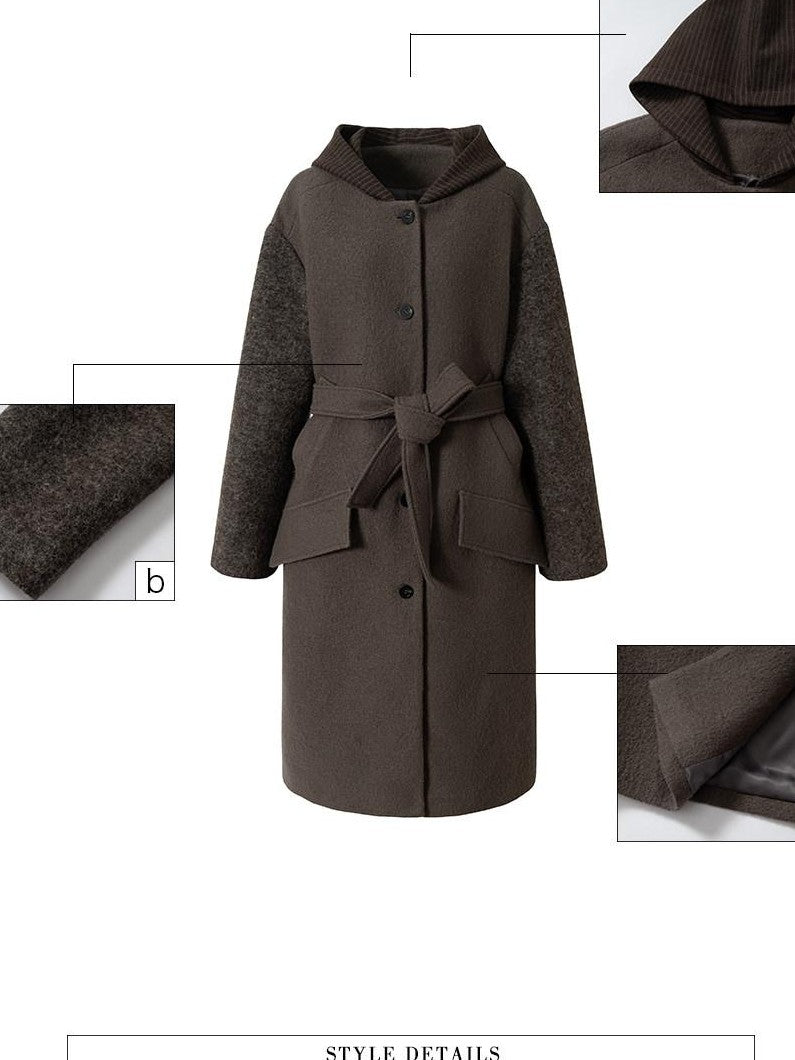 UNIVERSE Hooded Vintage London Inspired Patchwork Textured Wool Women's Long Coats