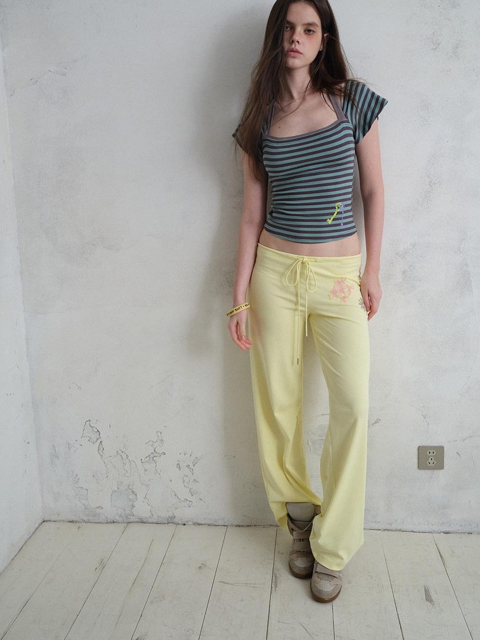 UNIVERSE Island Cartoon Embroidered Knit Loose Straight Women's Cotton Drawstring Pants