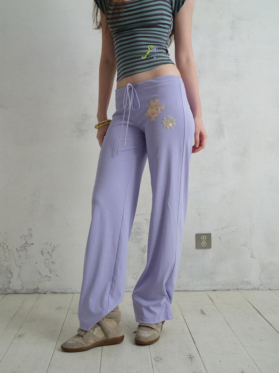 UNIVERSE Island Cartoon Embroidered Knit Loose Straight Women's Cotton Drawstring Pants