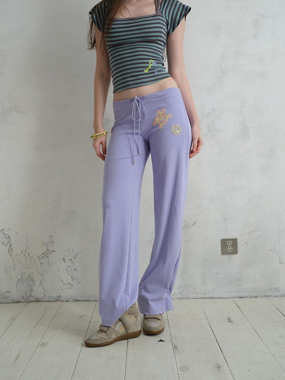 UNIVERSE Island Cartoon Embroidered Knit Loose Straight Women's Cotton Drawstring Pants