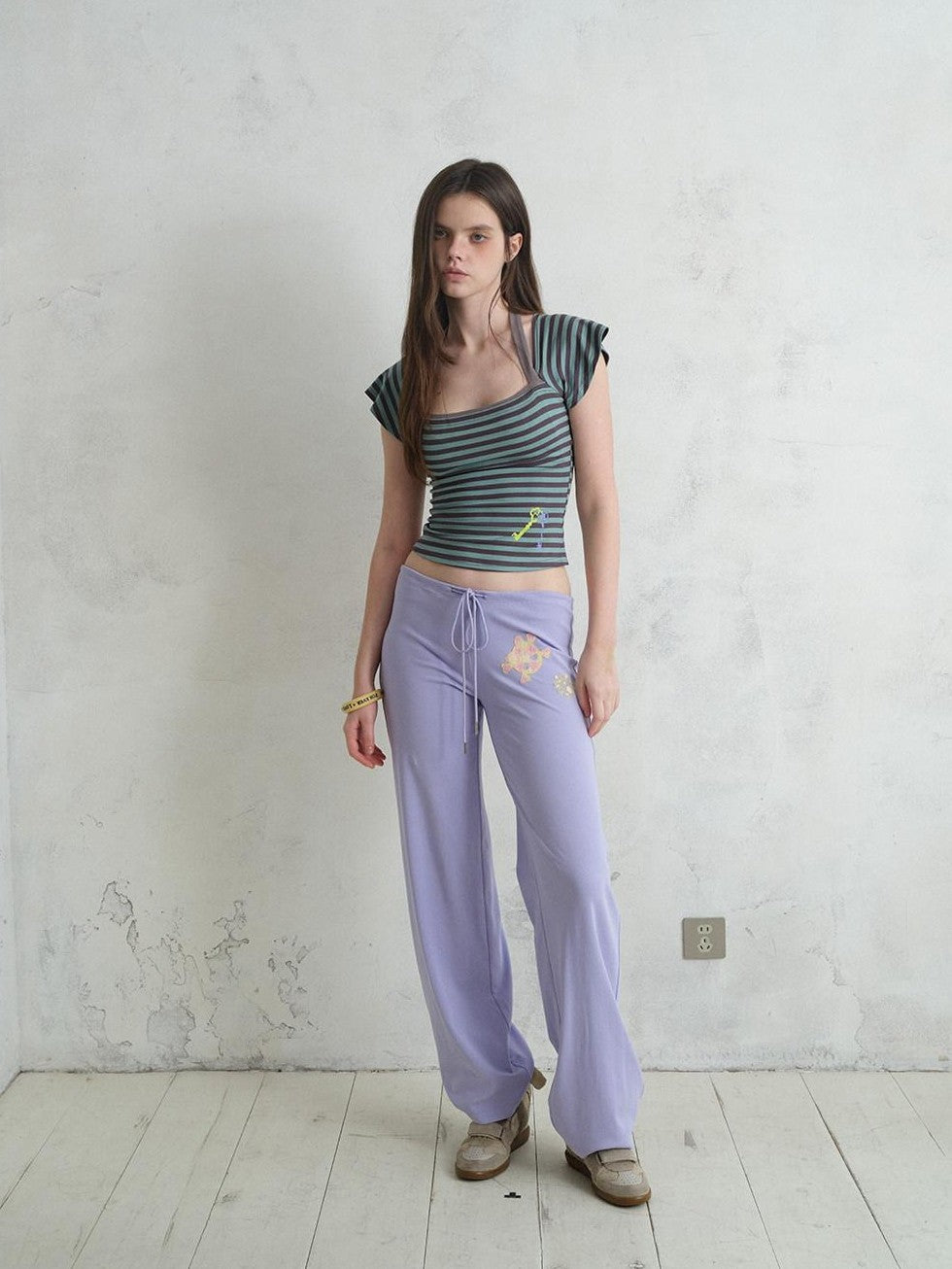 UNIVERSE Island Cartoon Embroidered Knit Loose Straight Women's Cotton Drawstring Pants