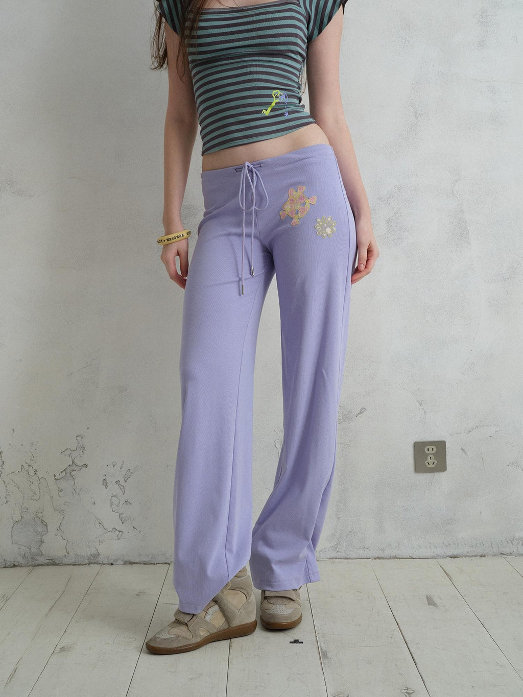 UNIVERSE Island Cartoon Embroidered Knit Loose Straight Women's Cotton Drawstring Pants