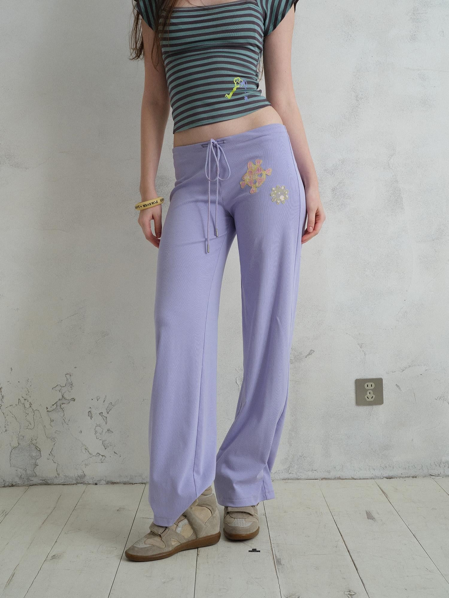 UNIVERSE Island Cartoon Embroidered Knit Loose Straight Women's Cotton Drawstring Pants