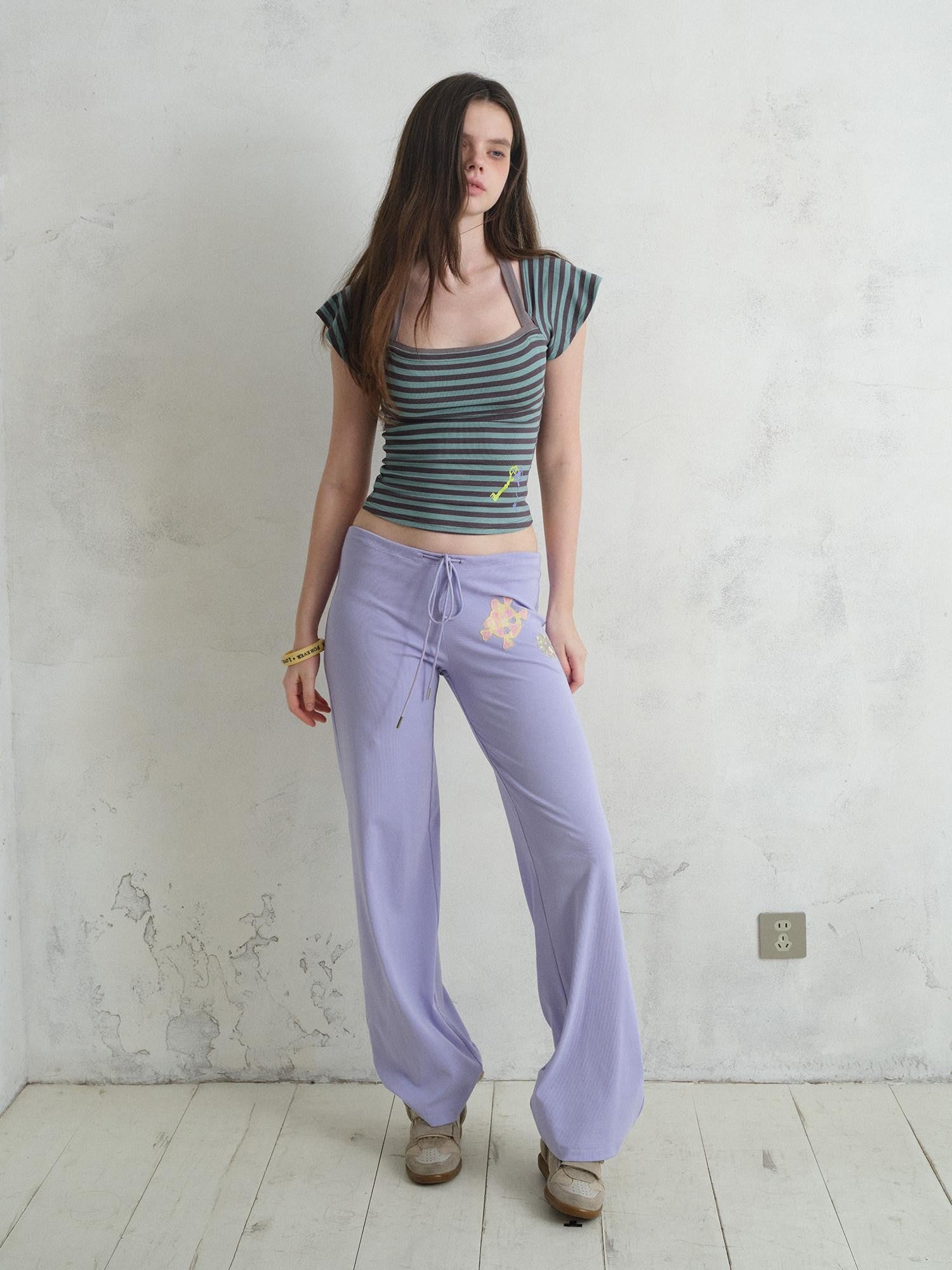 UNIVERSE Island Cartoon Embroidered Knit Loose Straight Women's Cotton Drawstring Pants