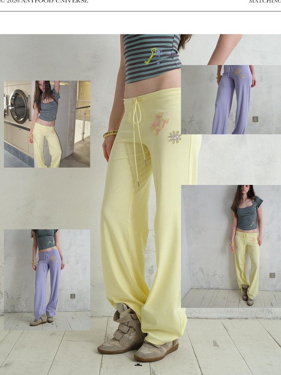 UNIVERSE Island Cartoon Embroidered Knit Loose Straight Women's Cotton Drawstring Pants