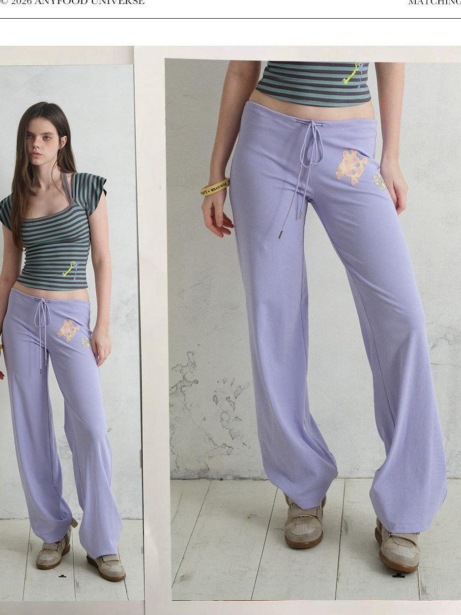 UNIVERSE Island Cartoon Embroidered Knit Loose Straight Women's Cotton Drawstring Pants