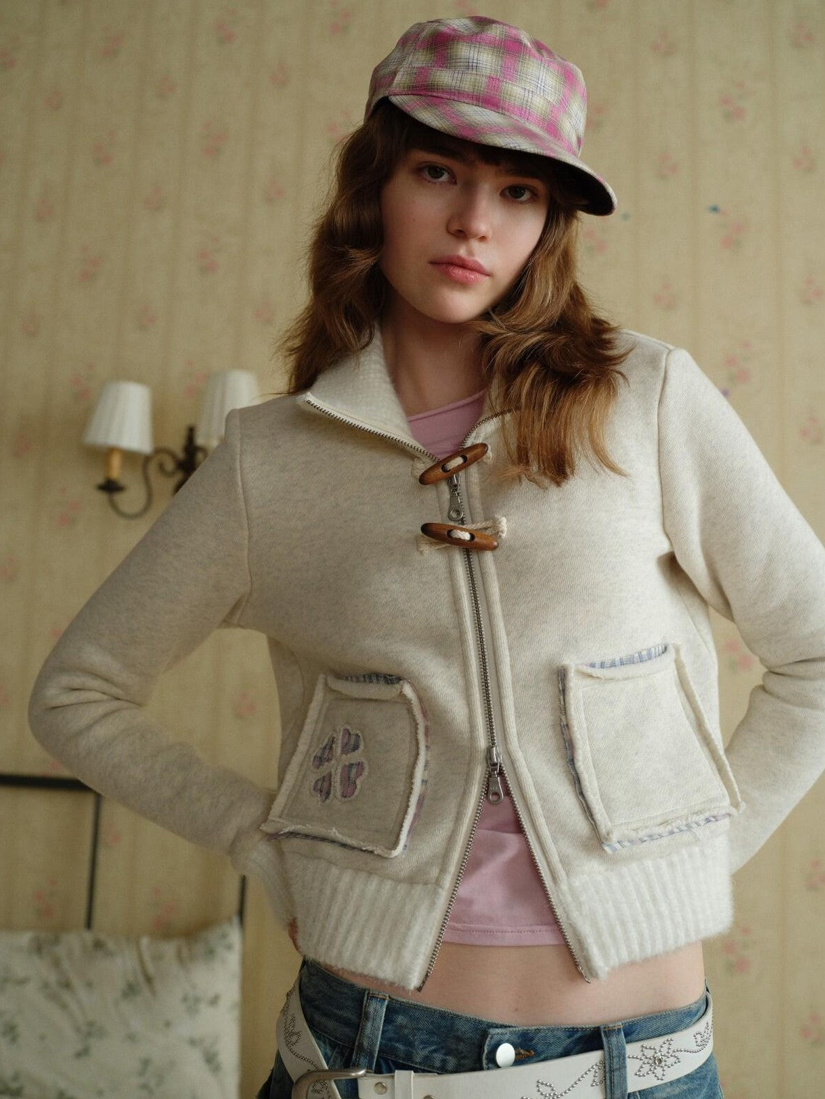 UNIVERSE Ivory Four Leaf Clover Horn Toggle Slim Women's Cotton Blend Casual Jackets