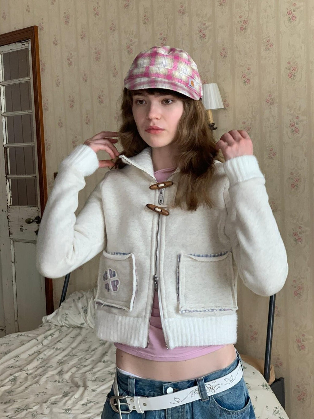 UNIVERSE Ivory Four Leaf Clover Horn Toggle Slim Women's Cotton Blend Casual Jackets