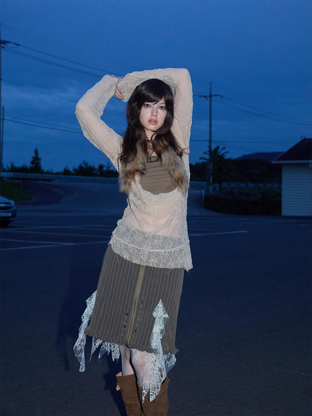 UNIVERSE Khaki Green Striped Lace Mesh A Line Women's Cotton Blend Mini Skirts