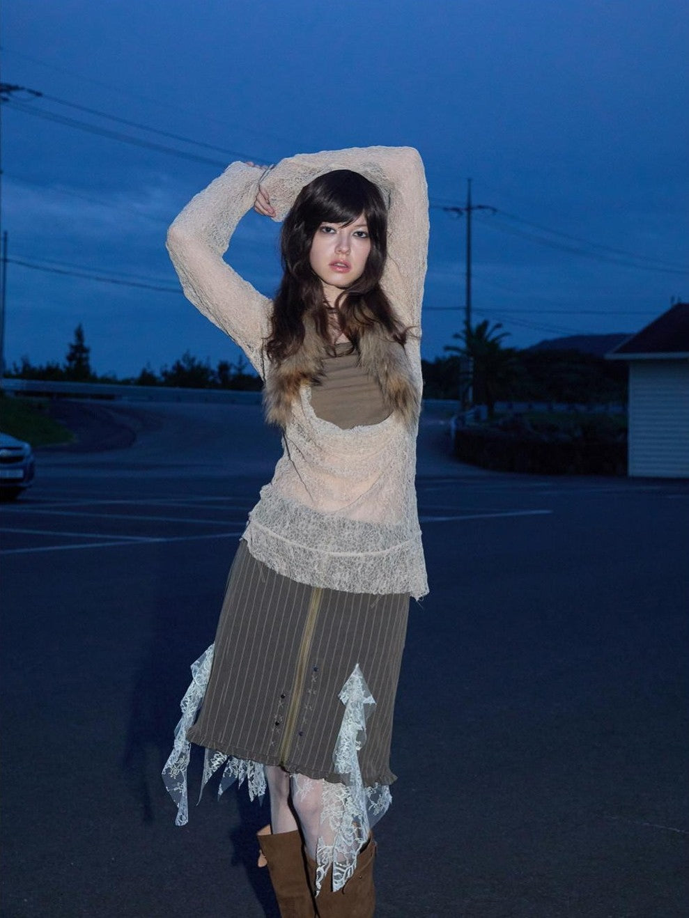 UNIVERSE Khaki Green Striped Lace Mesh A Line Women's Cotton Blend Mini Skirts