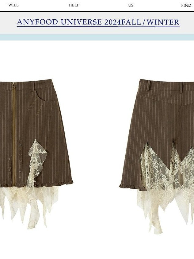 UNIVERSE Khaki Green Striped Lace Mesh A Line Women's Cotton Blend Mini Skirts