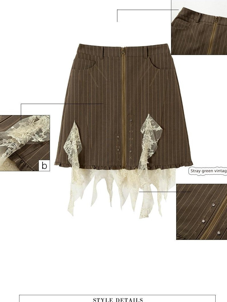 UNIVERSE Khaki Green Striped Lace Mesh A Line Women's Cotton Blend Mini Skirts