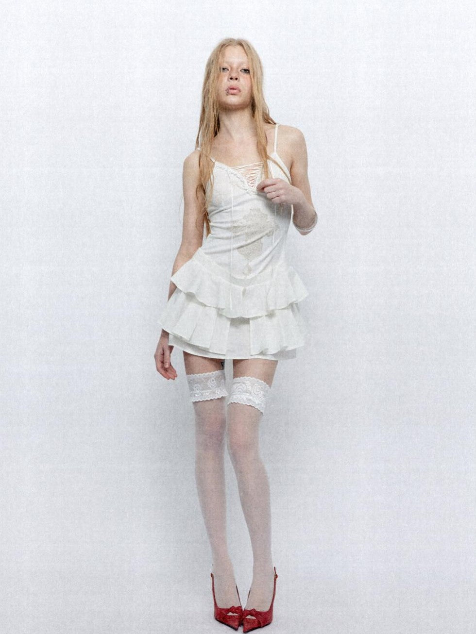 UNIVERSE Lace French Vintage Ballet Cross Ribbon Women's Cotton Slip Mini Dresses