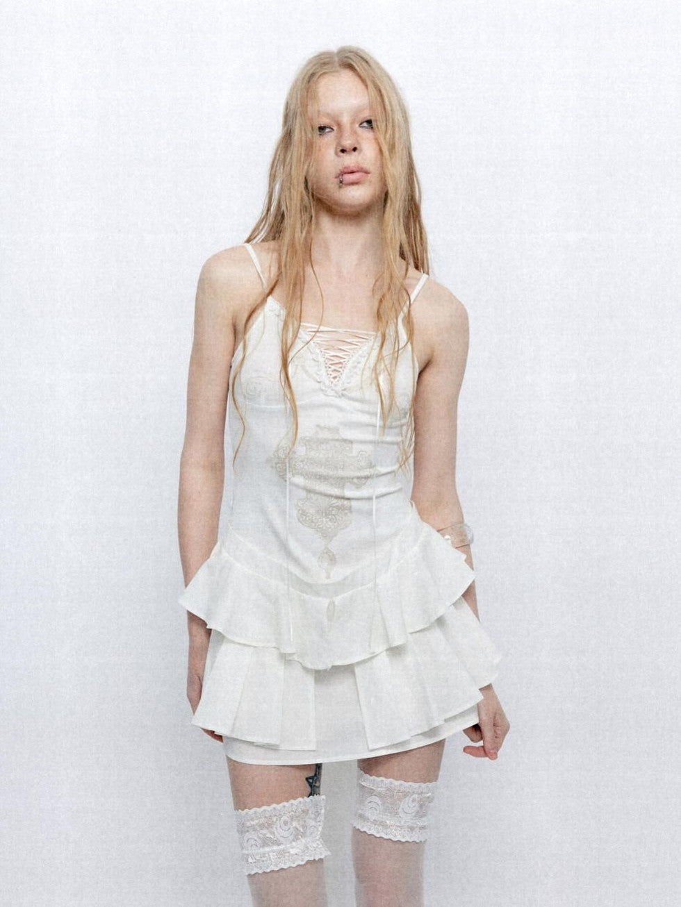 UNIVERSE Lace French Vintage Ballet Cross Ribbon Women's Cotton Slip Mini Dresses