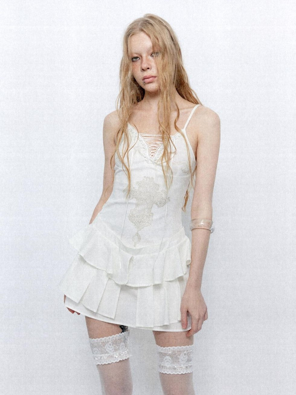 UNIVERSE Lace French Vintage Ballet Cross Ribbon Women's Cotton Slip Mini Dresses