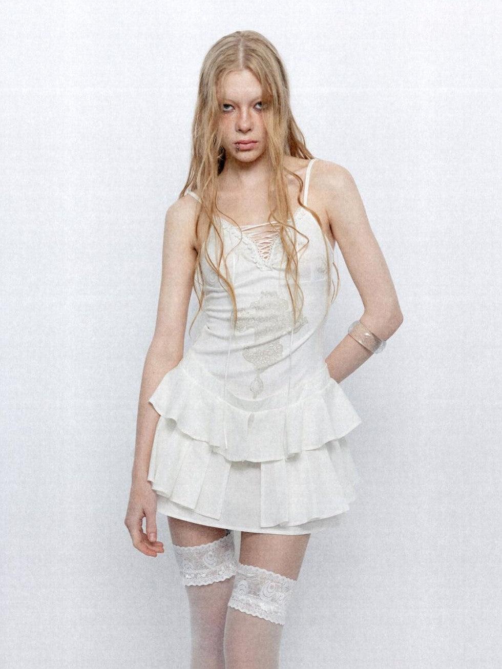 UNIVERSE Lace French Vintage Ballet Cross Ribbon Women's Cotton Slip Mini Dresses