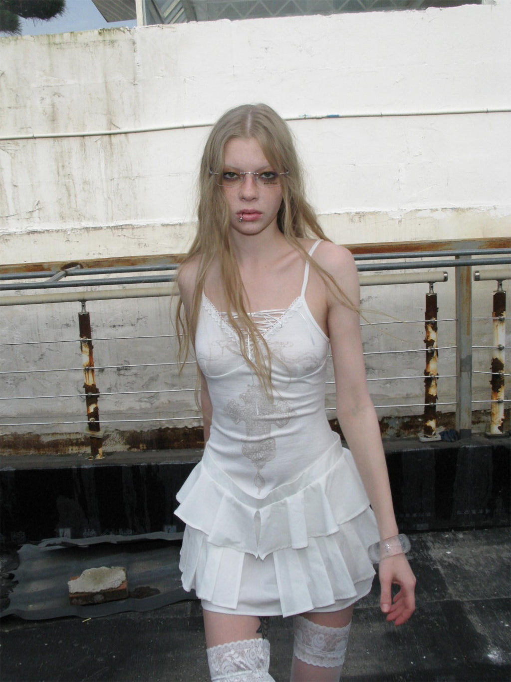 UNIVERSE Lace French Vintage Ballet Cross Ribbon Women's Cotton Slip Mini Dresses