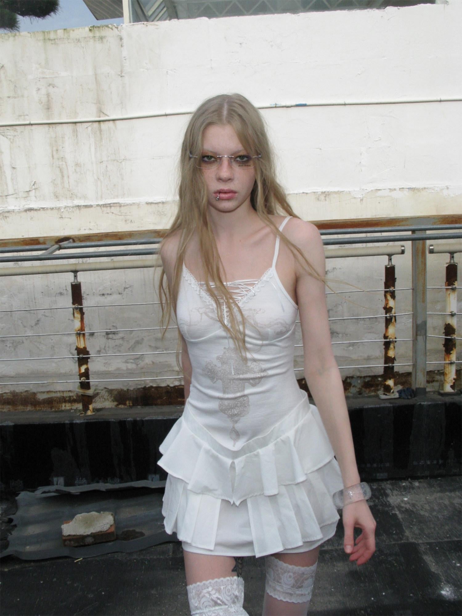 UNIVERSE Lace French Vintage Ballet Cross Ribbon Women's Cotton Slip Mini Dresses