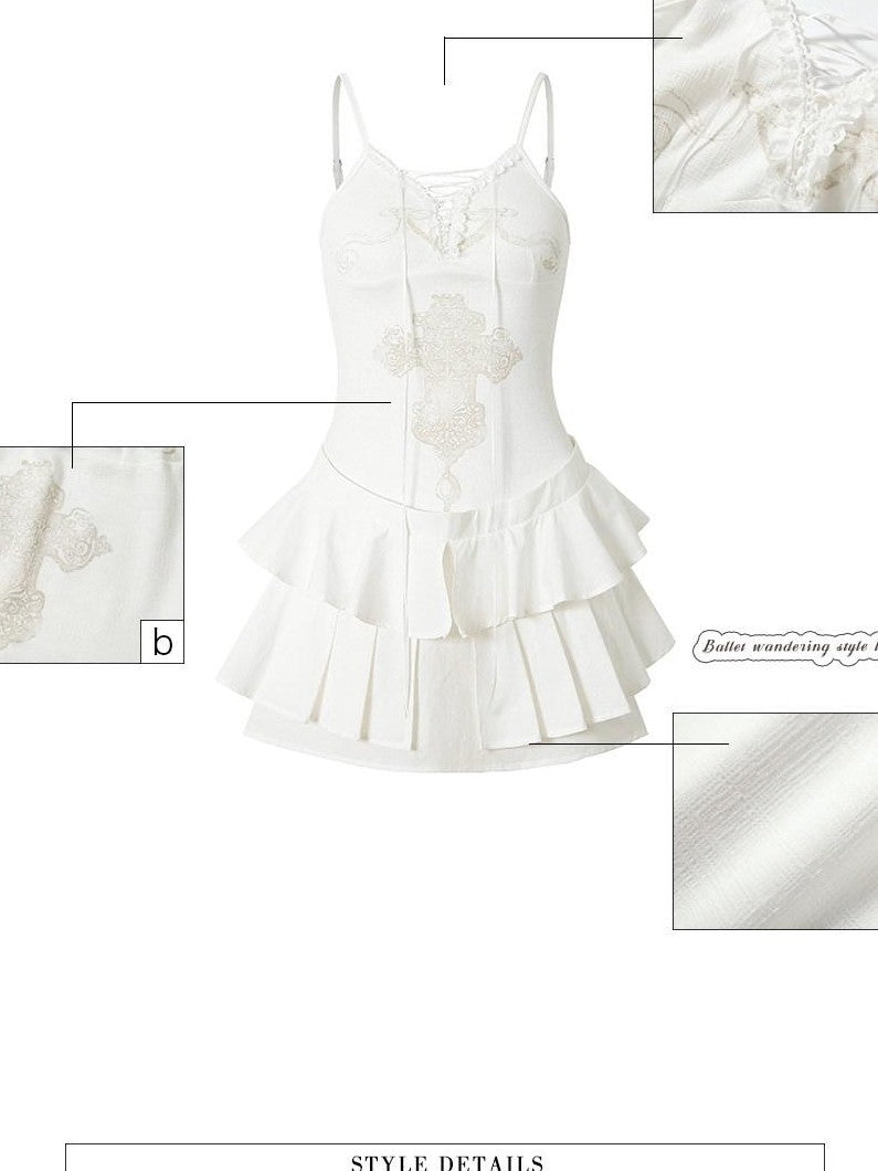 UNIVERSE Lace French Vintage Ballet Cross Ribbon Women's Cotton Slip Mini Dresses