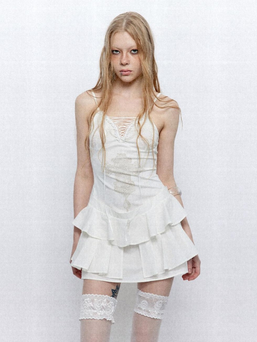 UNIVERSE Lace French Vintage Ballet Cross Ribbon Women's Cotton Slip Mini Dresses
