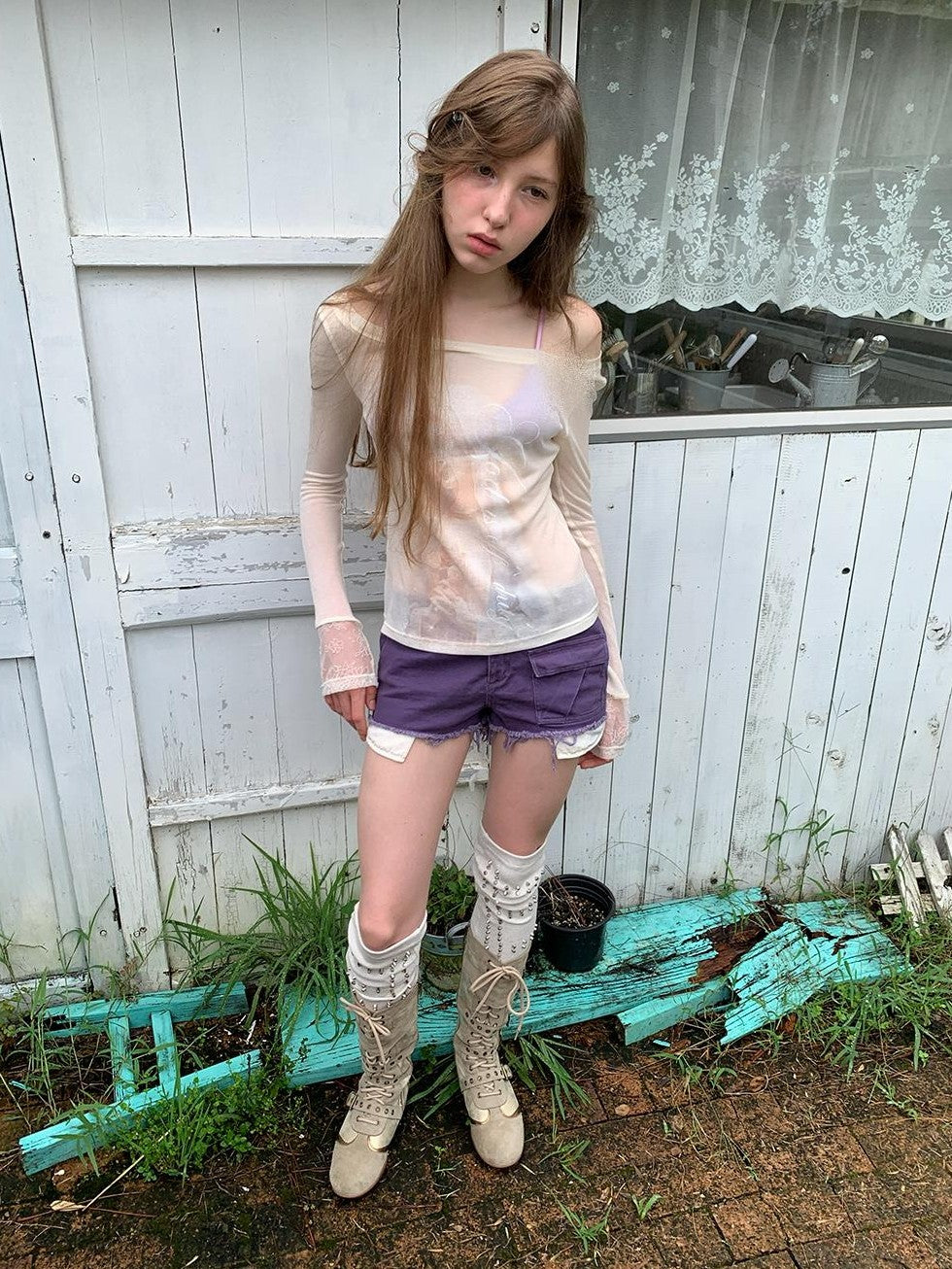 UNIVERSE Lace Trim Knit Semi Sheer One Shoulder Slim Fit Lyocell Women's Long Sleeve T-shirts