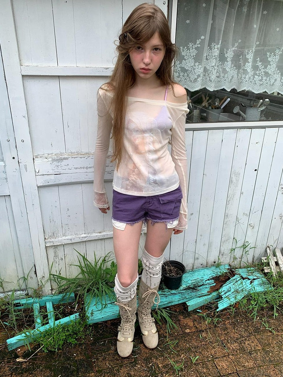 UNIVERSE Lace Trim Knit Semi Sheer One Shoulder Slim Fit Lyocell Women's Long Sleeve T-shirts