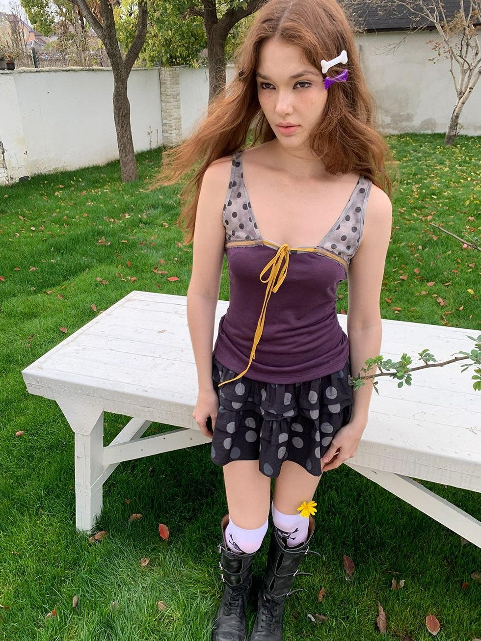 UNIVERSE Lavender Gray Polka Dot Colorblock Drawstring Open Back Slim Women's Tank Tops