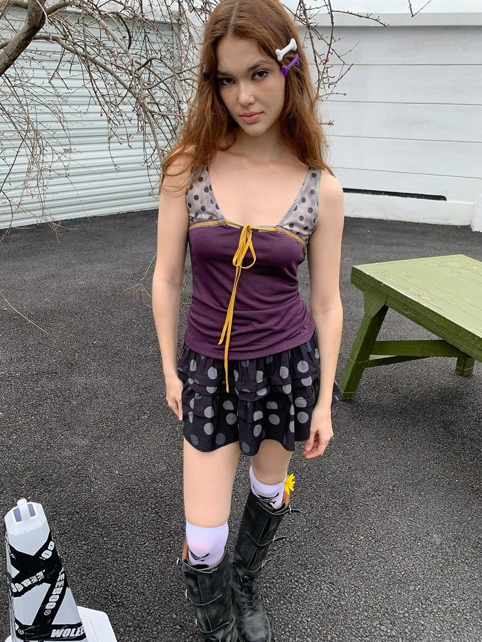 UNIVERSE Lavender Gray Polka Dot Colorblock Drawstring Open Back Slim Women's Tank Tops