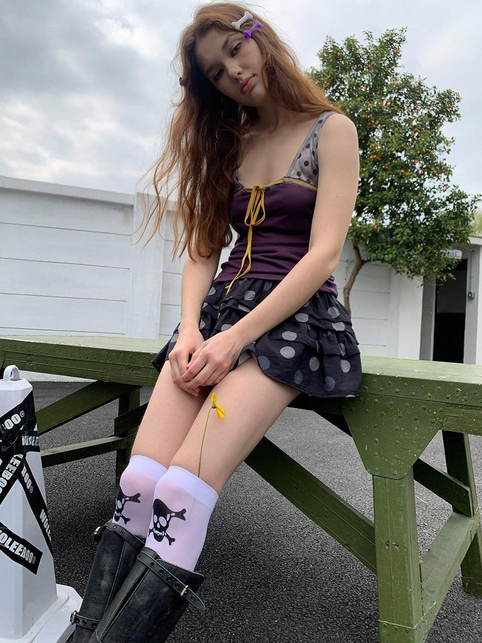 UNIVERSE Lavender Gray Polka Dot Colorblock Drawstring Open Back Slim Women's Tank Tops