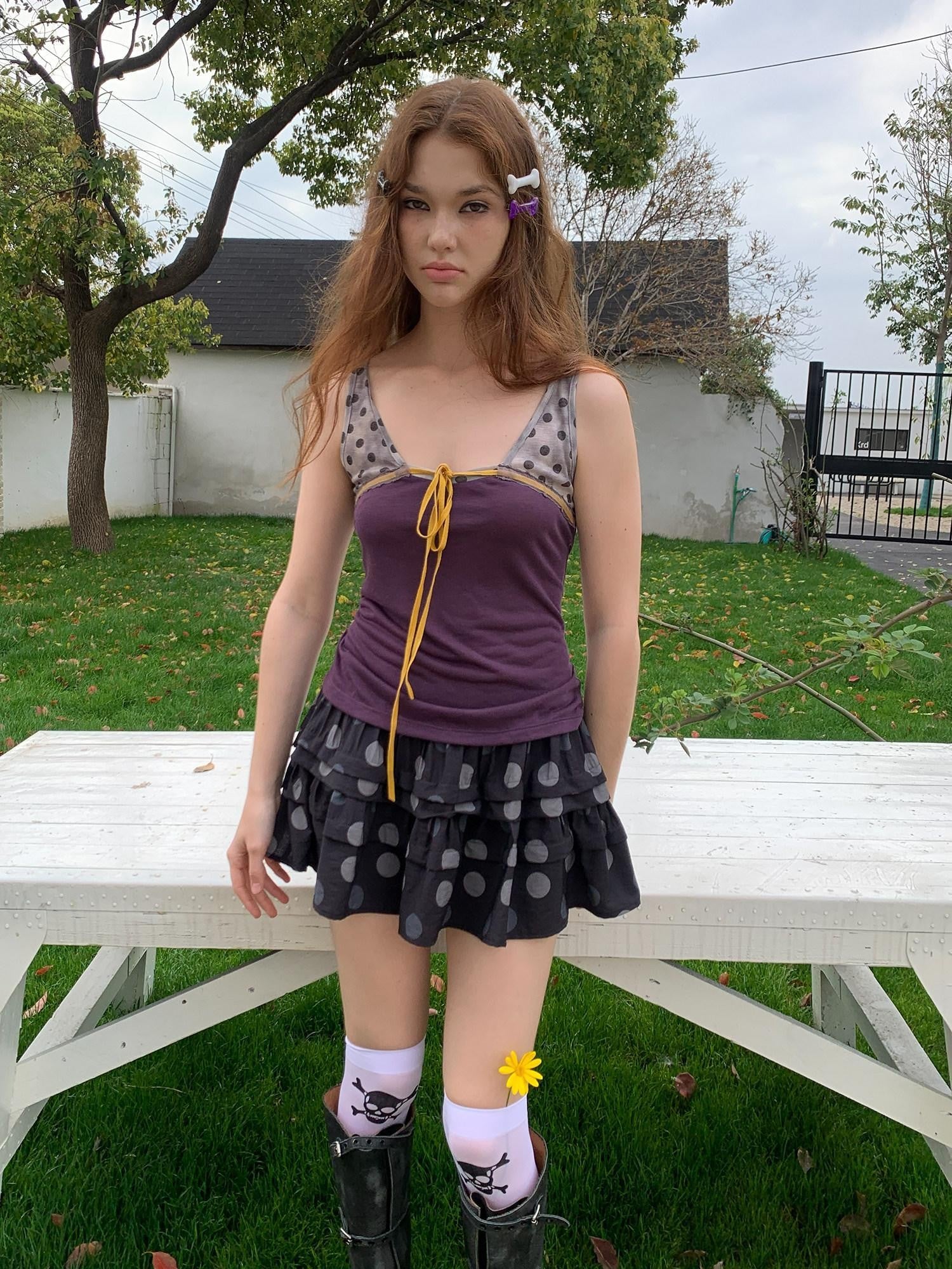 UNIVERSE Lavender Gray Polka Dot Colorblock Drawstring Open Back Slim Women's Tank Tops