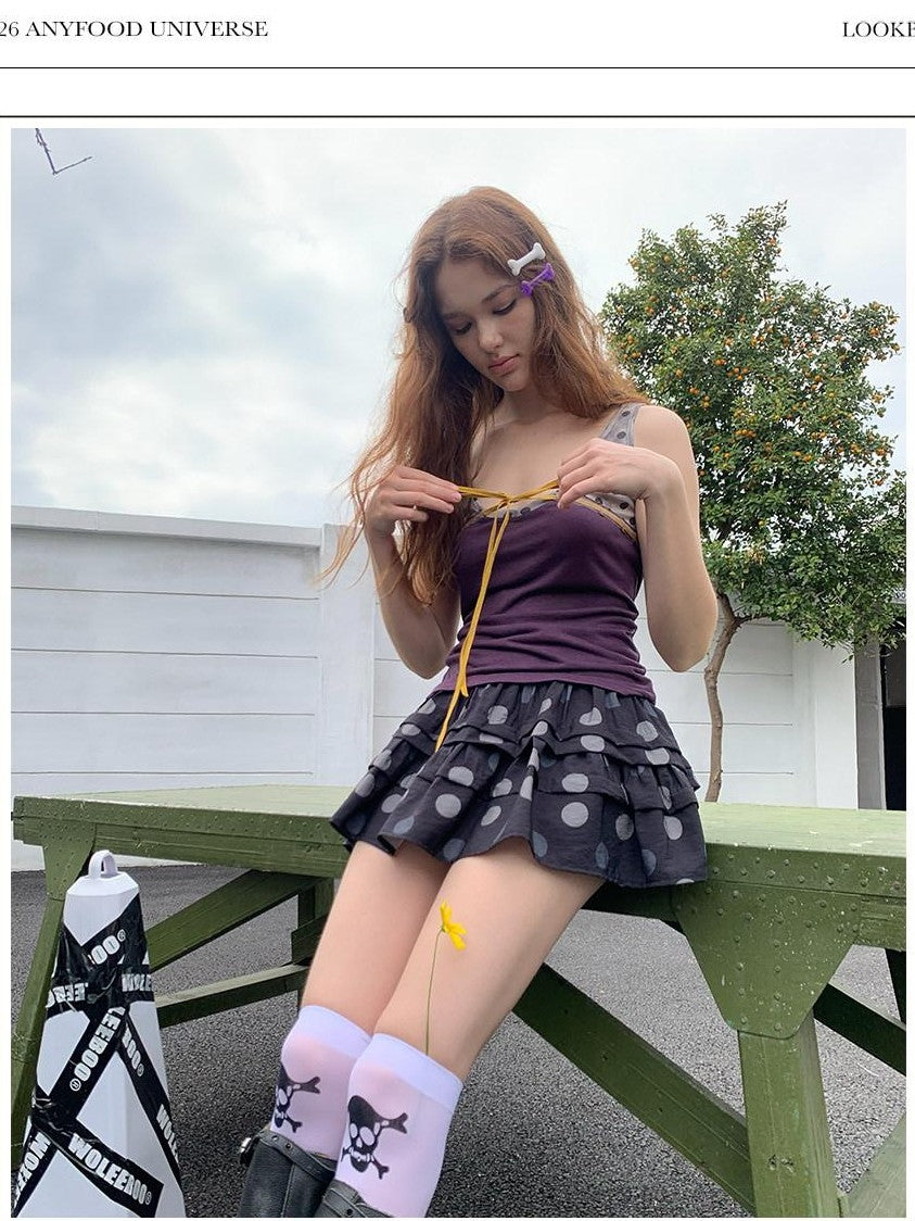 UNIVERSE Lavender Gray Polka Dot Colorblock Drawstring Open Back Slim Women's Tank Tops